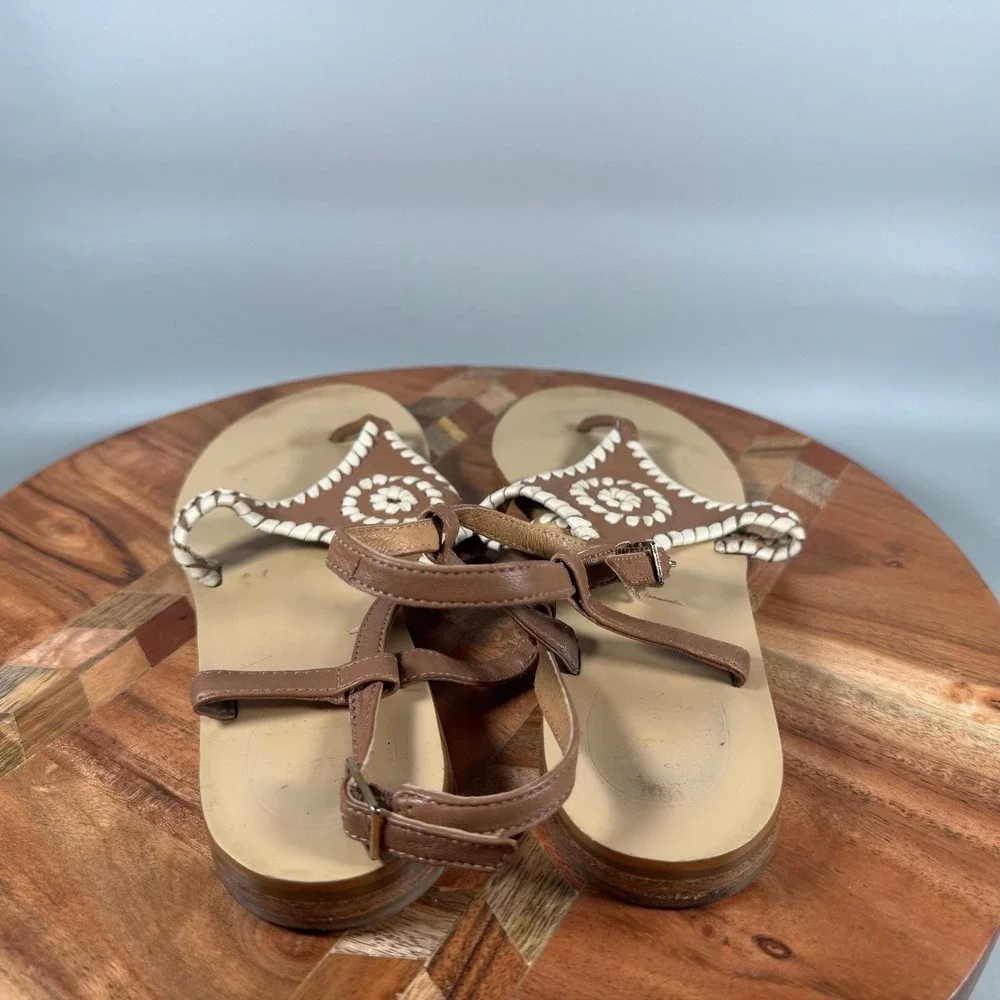 Jack Rogers Womens Brown Leather Whipstitch Medallion Ankle Strap Sandals 8M